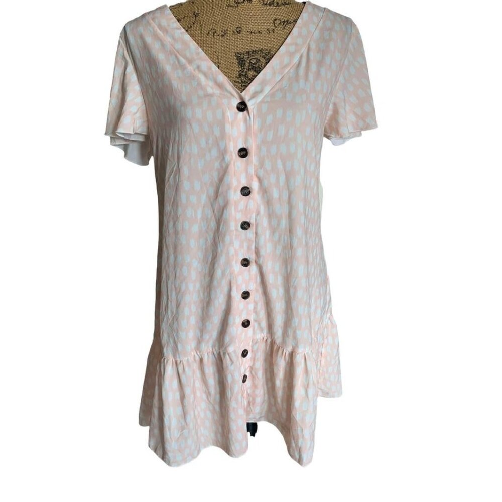 🍒 2/$20 🍒 Peach and White Drop Waist Paint Pattern Dress, Button Up, sz L